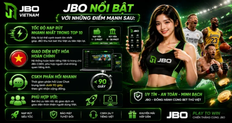 Top 10 Sân Chơi Cá Cược Hợp Pháp Uy Tín Nhất 2026 – Xếp Hạng Mới Nhất Cho Bet Thủ Việt 8 JBO nổi bật với những điểm mạnh sau: